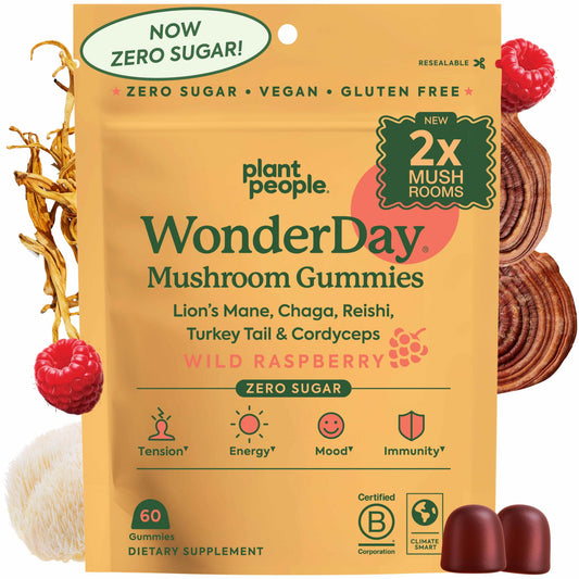 Plant People WonderDay bottle front view shows a potent gummy blend for daily energy and focus.