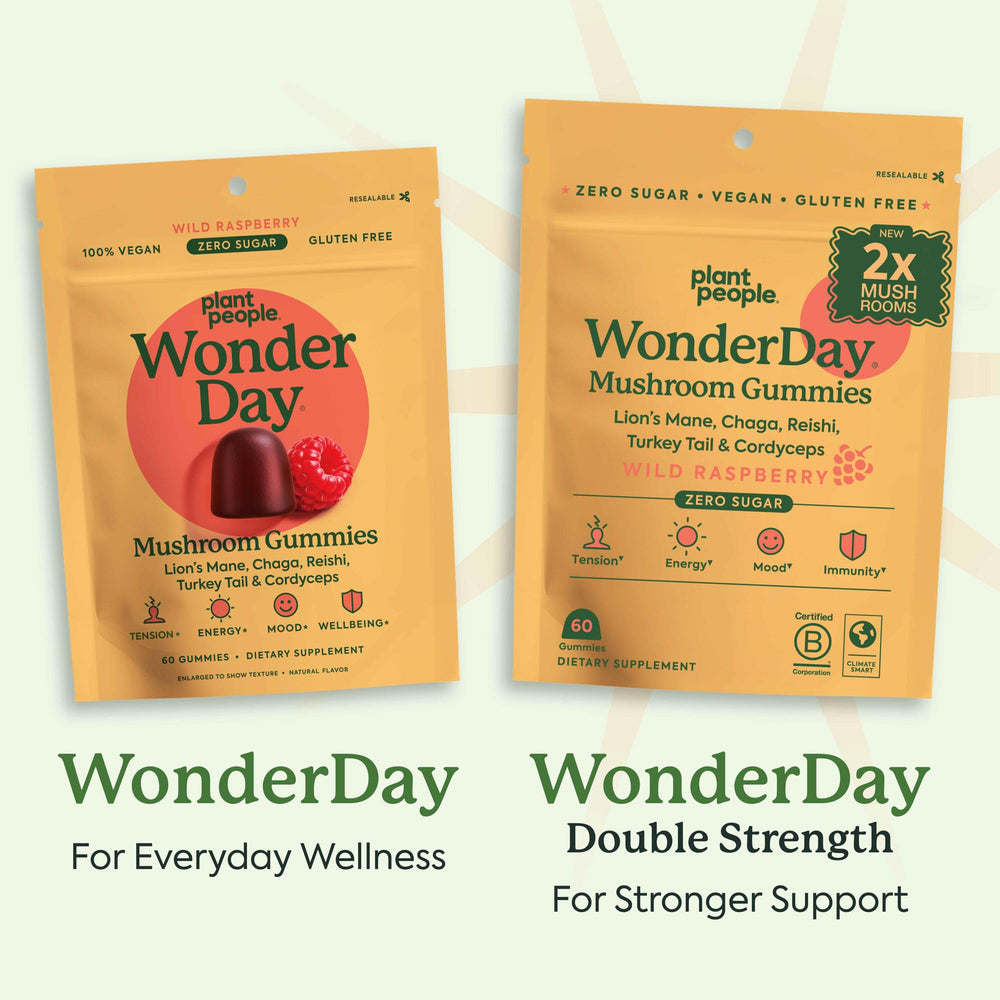 WonderDay gummies in a serving dish convey daily mood and stamina support from Plant People.