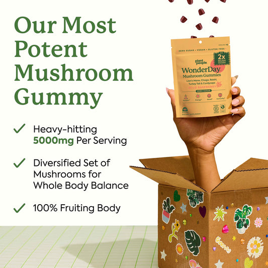WonderDay label close-up highlights mushroom blend and sugar-free formula by Plant People.