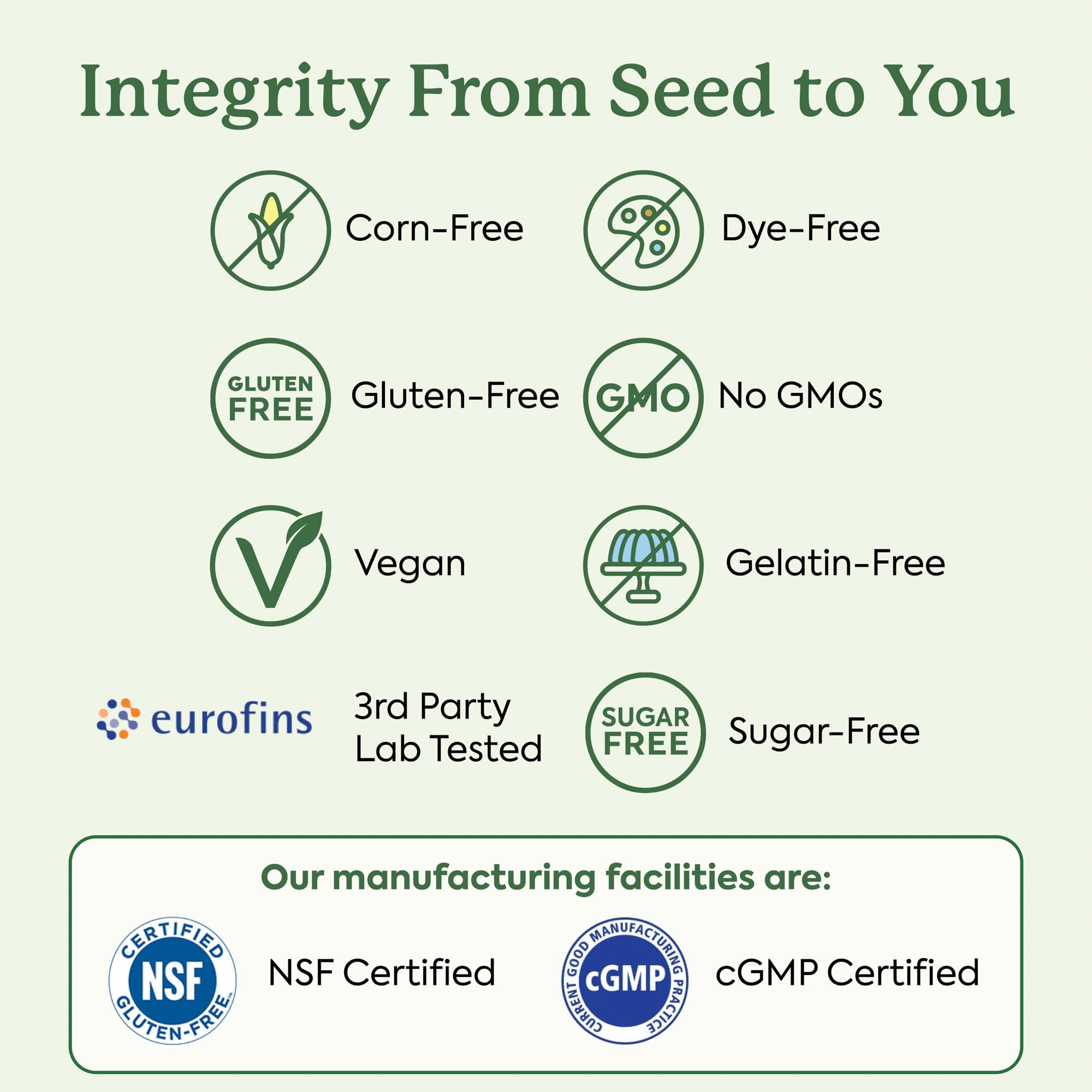 Lab-tested seal implies quality and purity for mindful supplementation