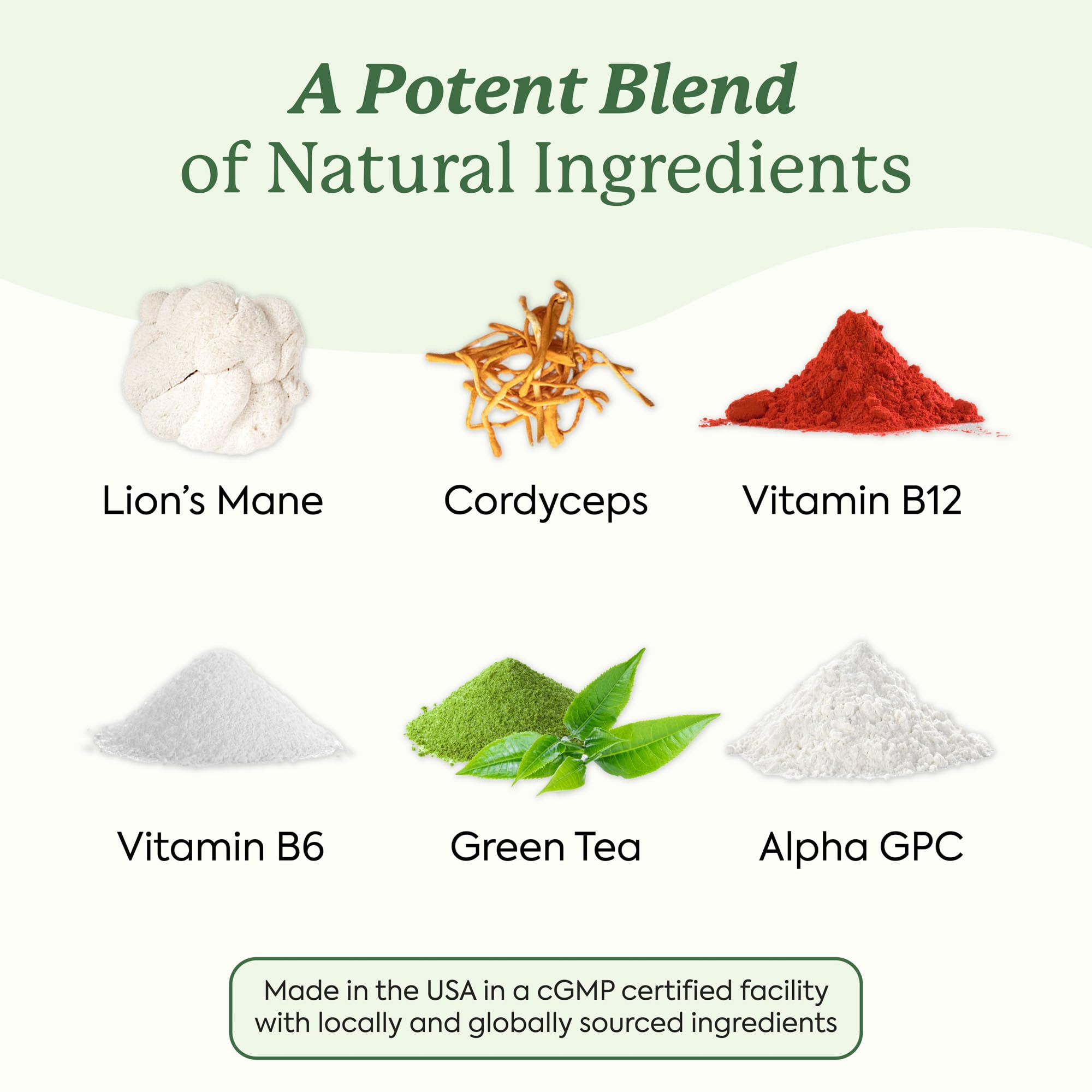 Label close-up shows Lion’s Mane and Cordyceps ingredients for cognitive wellness options