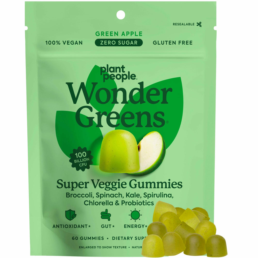 Plant People WonderGreens gummies bottle front with green apple flavor for daily wellness