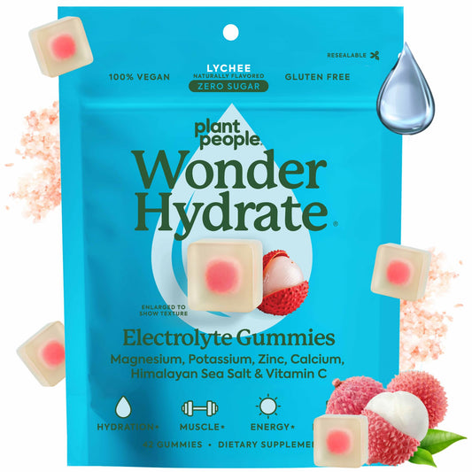 Plant People WonderHydrate lychee gummies pack shown for on-the-go hydration