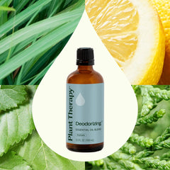 Plant Therapy Deodorizing Blend ingredients card highlights key oils.