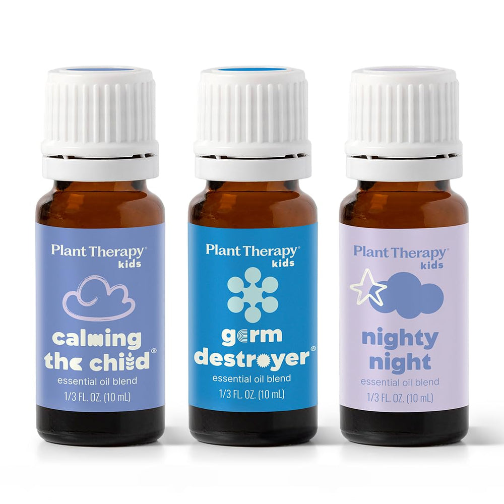 Plant Therapy KidSafe Essentials trio display for Calming the Child, Germ Destroyer, and Nighty Night.