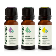 Plant Therapy Lemon essential oil bottle in 10 ml for uplifting aromas and diffusing.