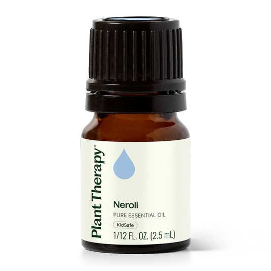 Plant Therapy Neroli oil bottle pour demonstrating calm mood support use case