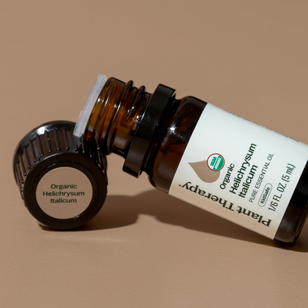 USDA organic certification on Plant Therapy Helichrysum Italicum bottle.