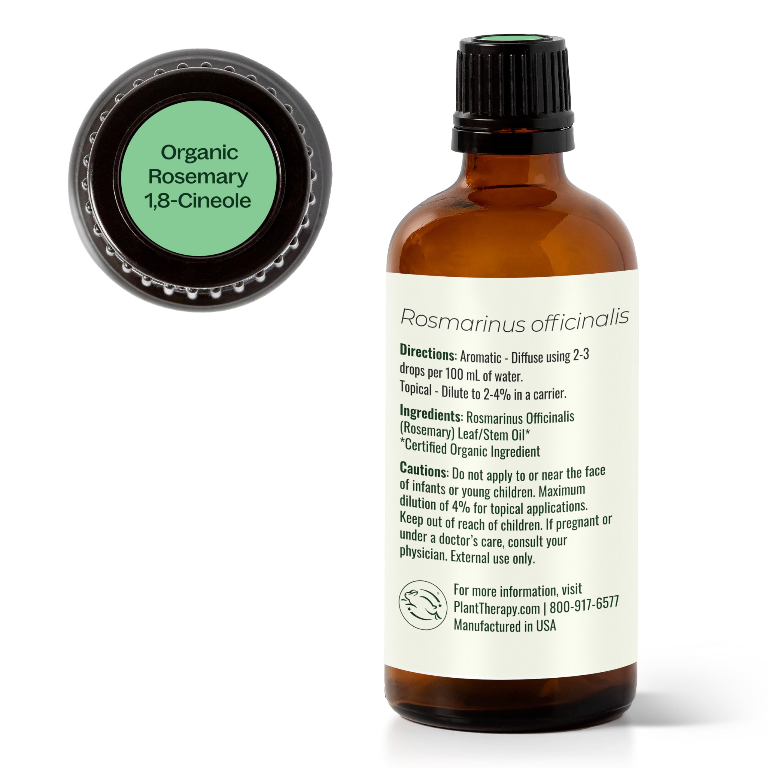 Plant Therapy organic rosemary oil label confirms purity.