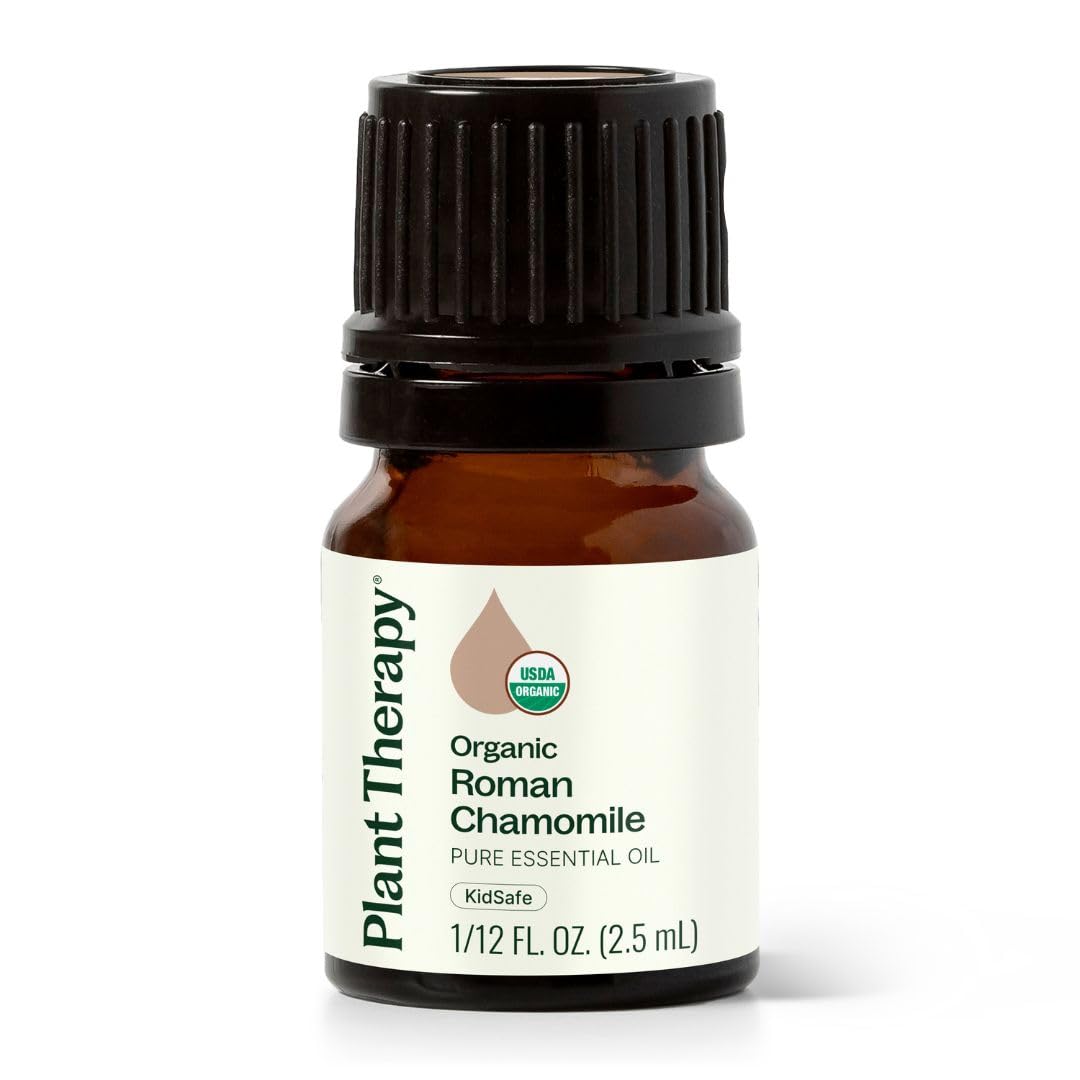 Plant Therapy Roman Chamomile oil bottle for calming aromatherapy.