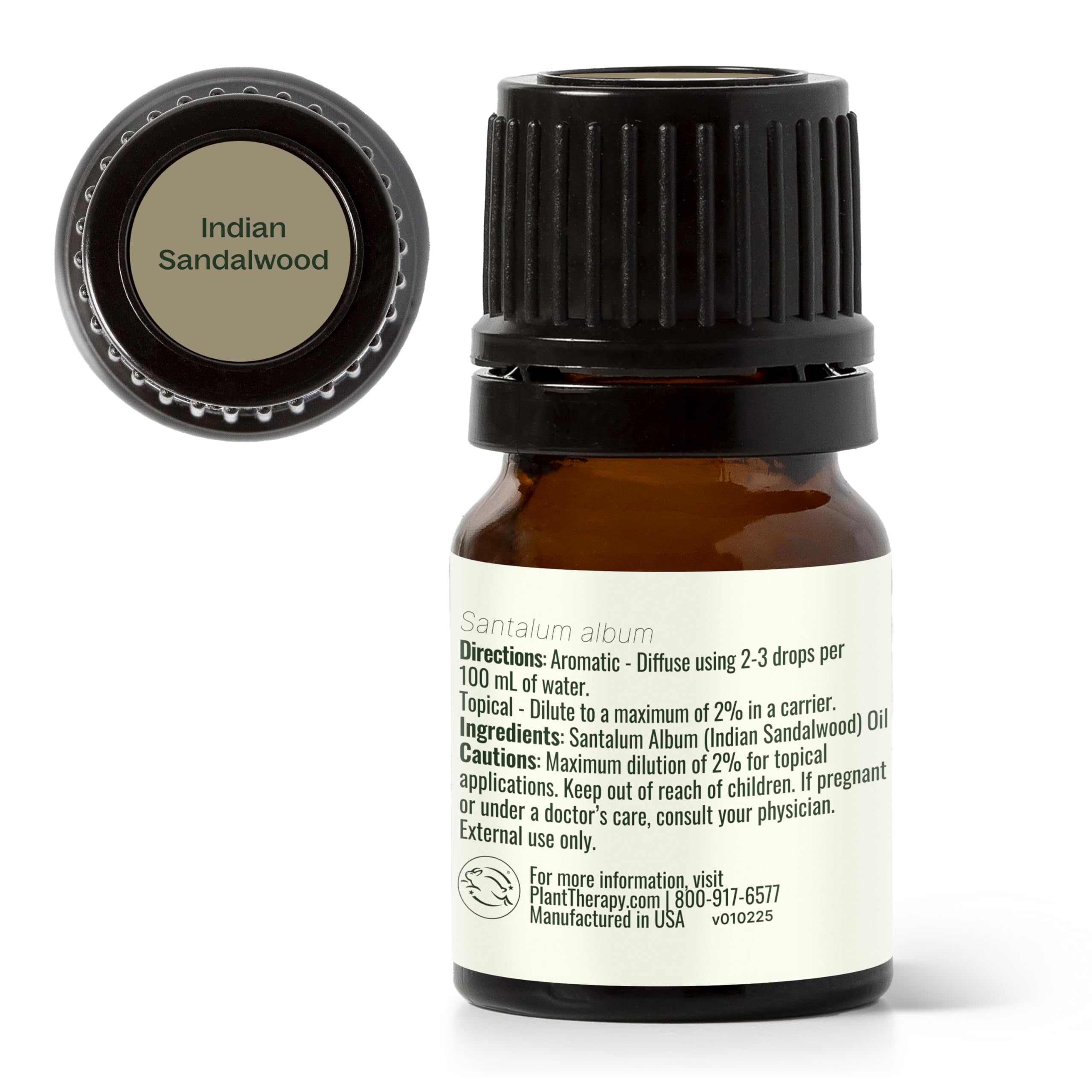 Plant Therapy Sandalwood Indian essential oil bottle close-up—trusted GC-MS tested quality.