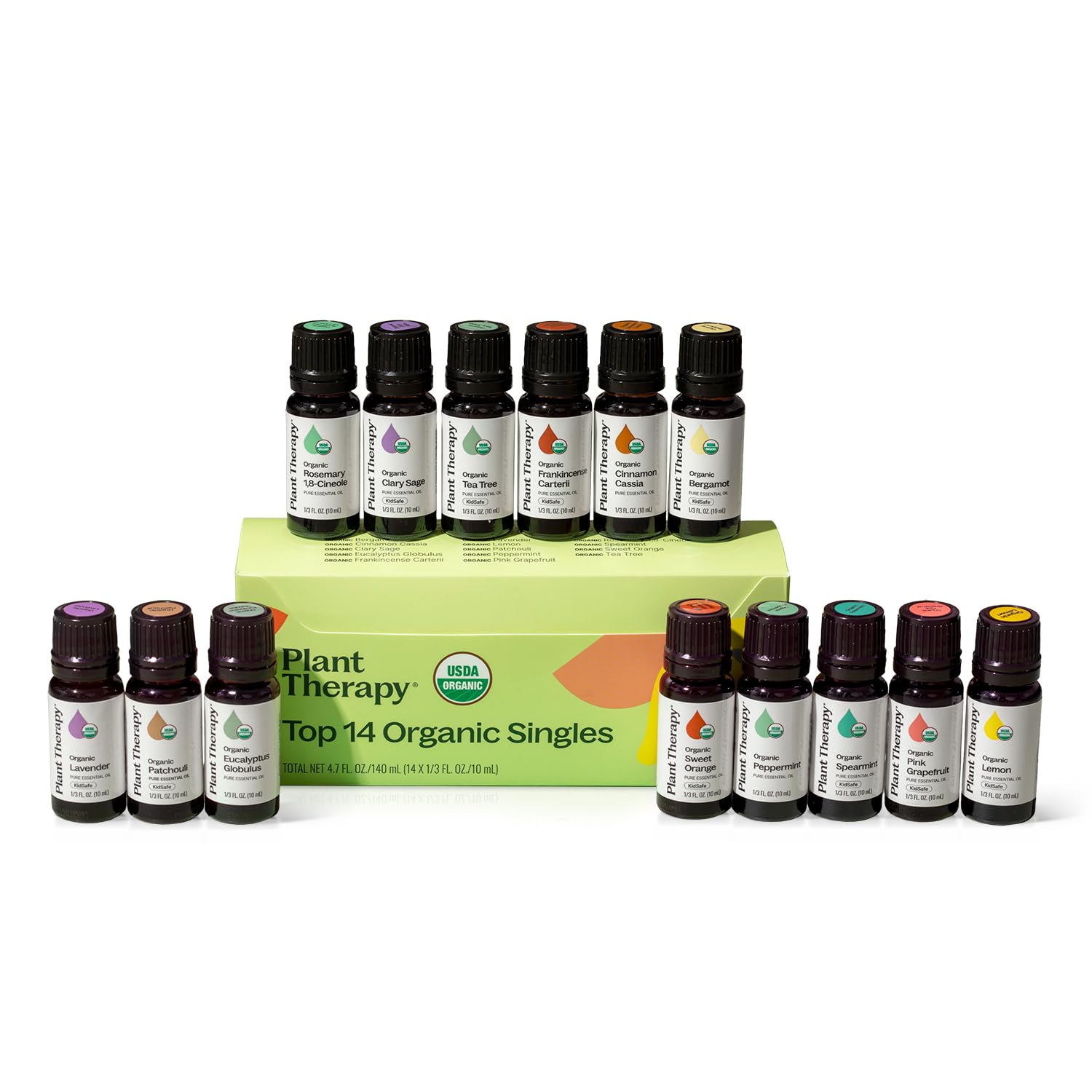Plant Therapy Top 14 Organic Singles Set bottles for versatile aromatherapy use