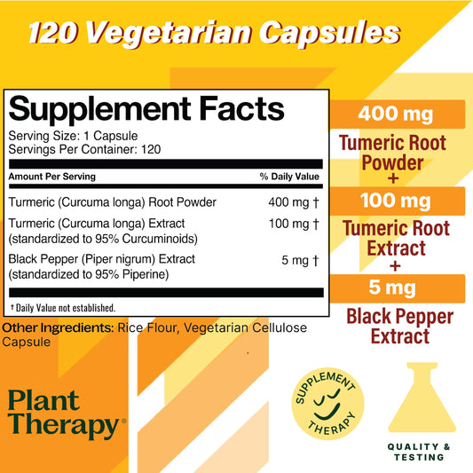 Plant Therapy turmeric extract 95% curcuminoids close-up highlighting antioxidant potential.