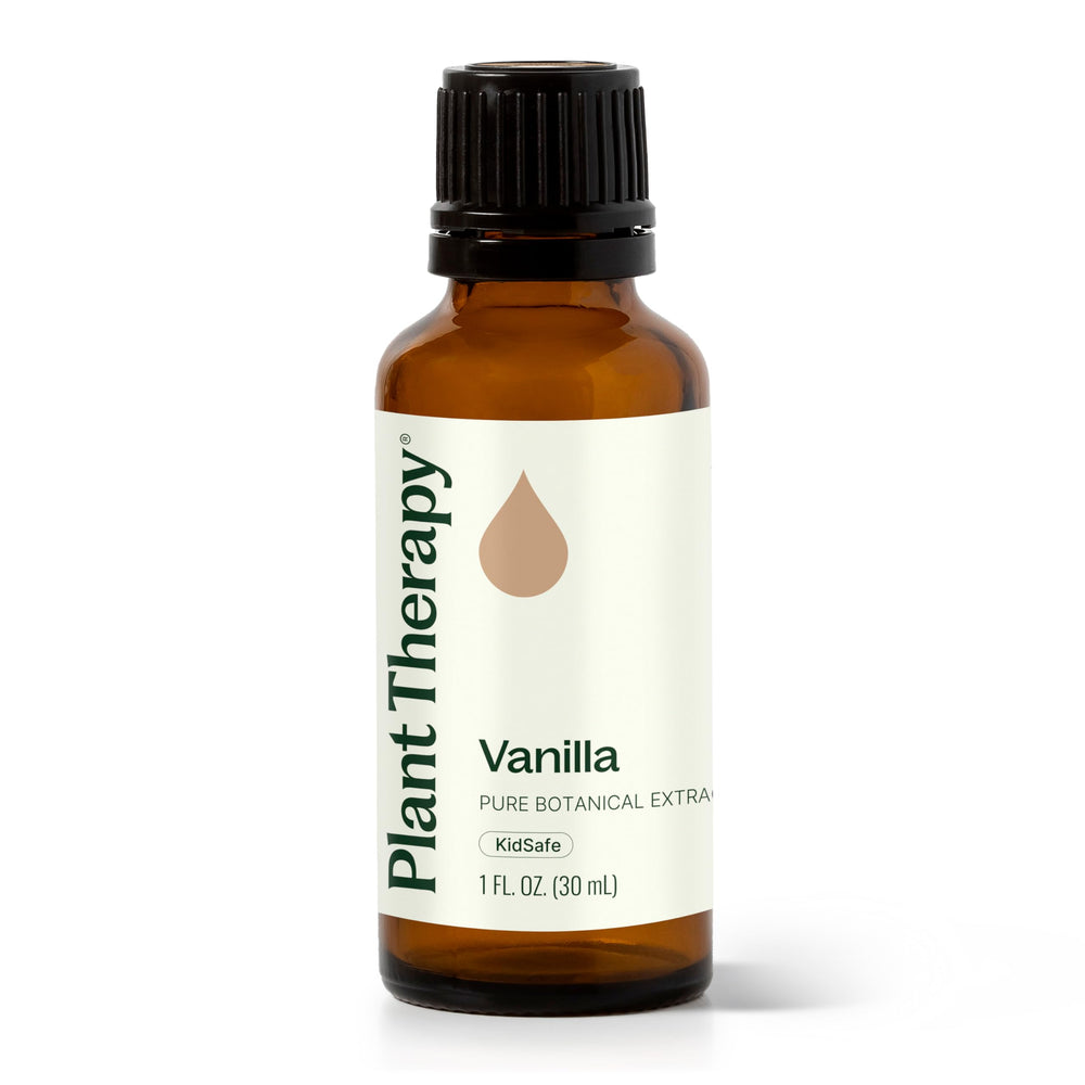 Plant Therapy Vanilla Extract 30ml bottle showcasing rich vanilla aroma for blending.