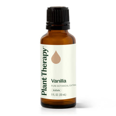 Plant Therapy Vanilla Extract 30ml bottle showcasing rich vanilla aroma for blending.