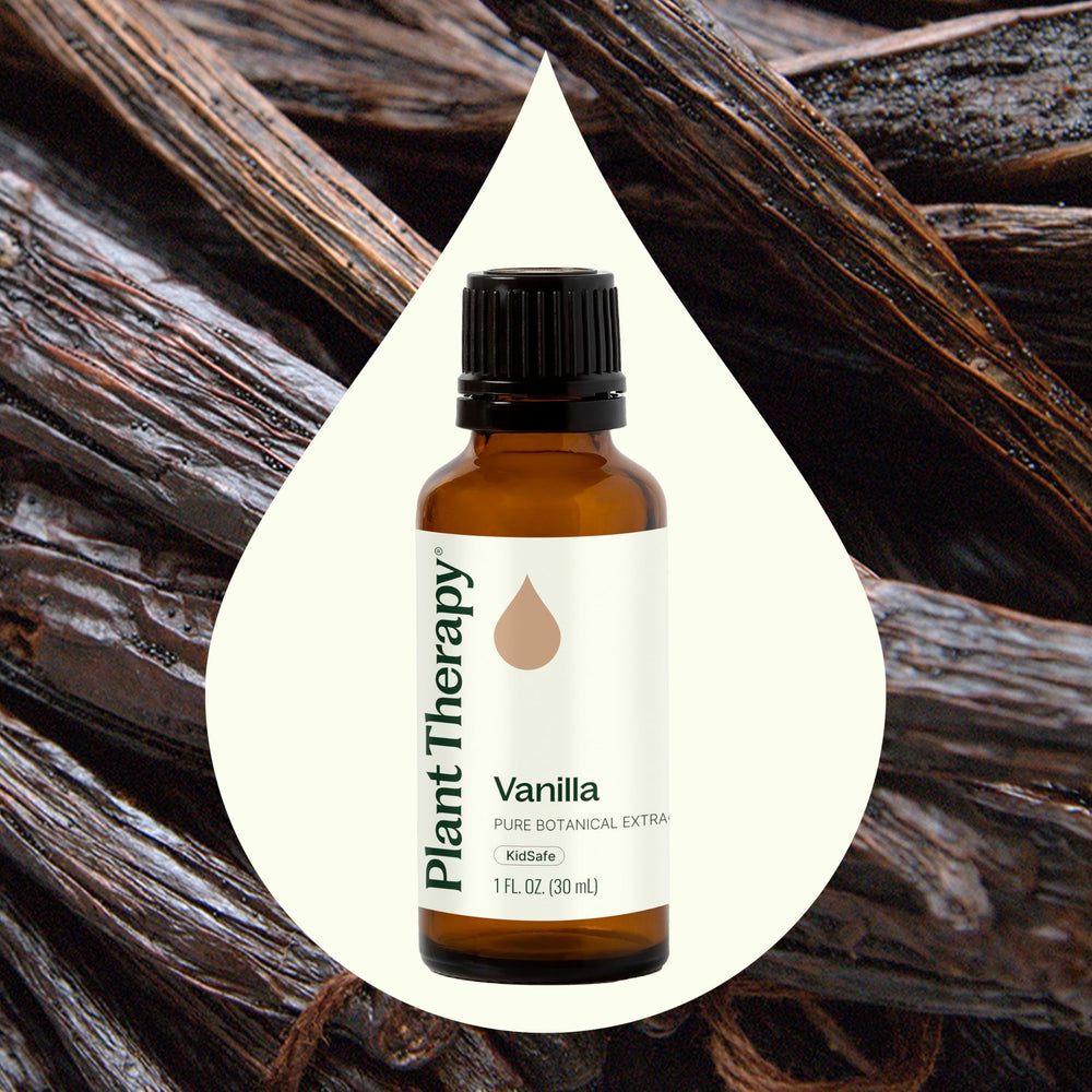 Plant Therapy Vanilla Extract label closeup emphasizes quality and batch-specific testing.
