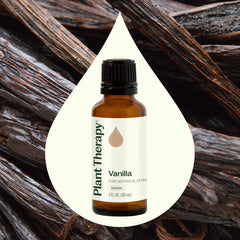 Plant Therapy Vanilla Extract label closeup emphasizes quality and batch-specific testing.