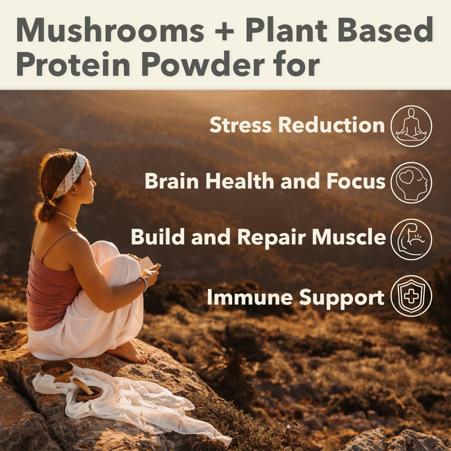 PlantFusion brain-boost ingredients close-up featuring lion’s mane and cordyceps.