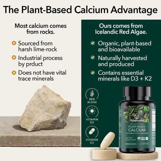 Close-up of PlantFusion vegan calcium tablets showing the easy-to-split score