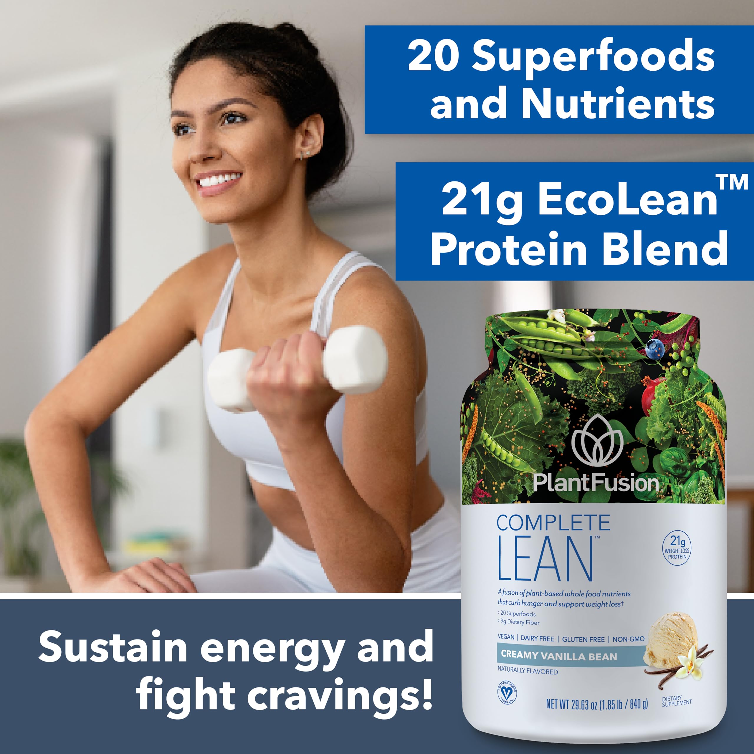 Closeup of PlantFusion Complete Lean label highlighting clean ingredients