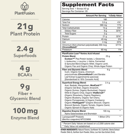Scoop of PlantFusion Complete Lean protein with glass showing easy shake preparation