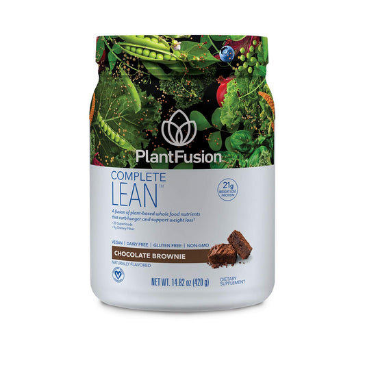 PlantFusion Complete Lean tub front showing plant-based protein for steady energy