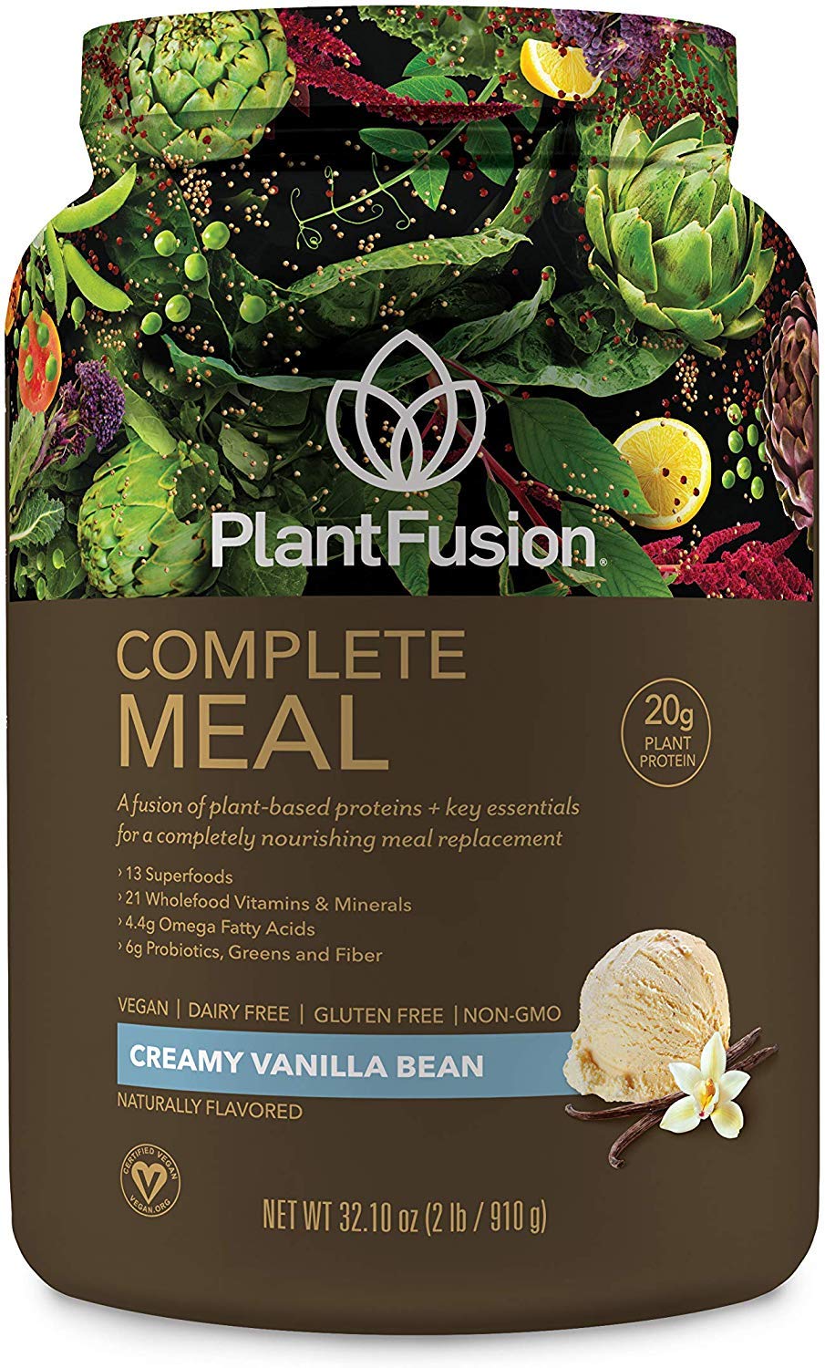 PlantFusion complete meal replacement shake vanilla tub shows balanced plant-based nutrition