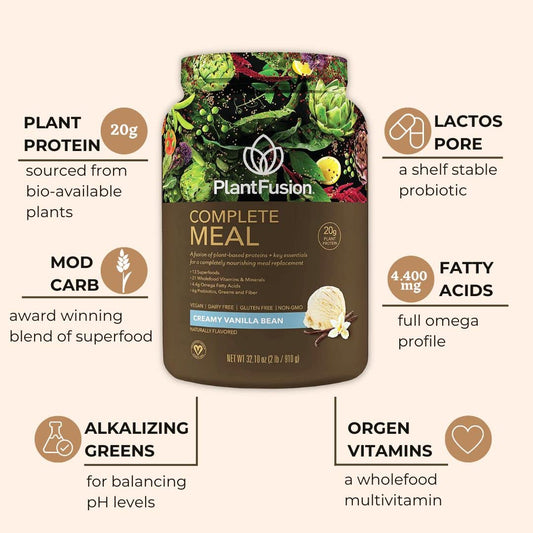 PlantFusion complete meal replacement vanilla pour showing quick-mix shake for busy mornings.