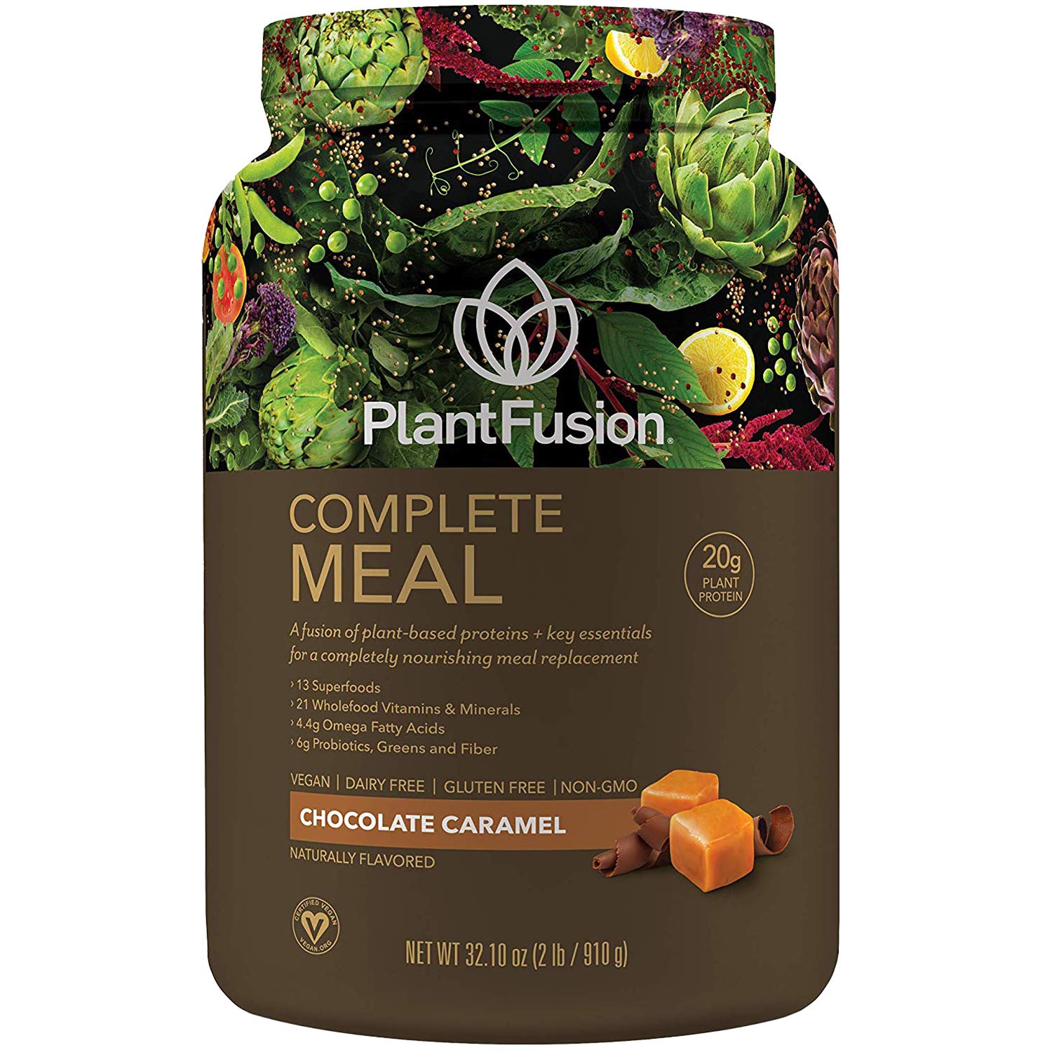 PlantFusion Complete Meal Shake chocolate caramel 2 lb packaging for satisfying plant-based protein