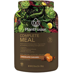 PlantFusion Complete Meal Shake chocolate caramel 2 lb packaging for satisfying plant-based protein