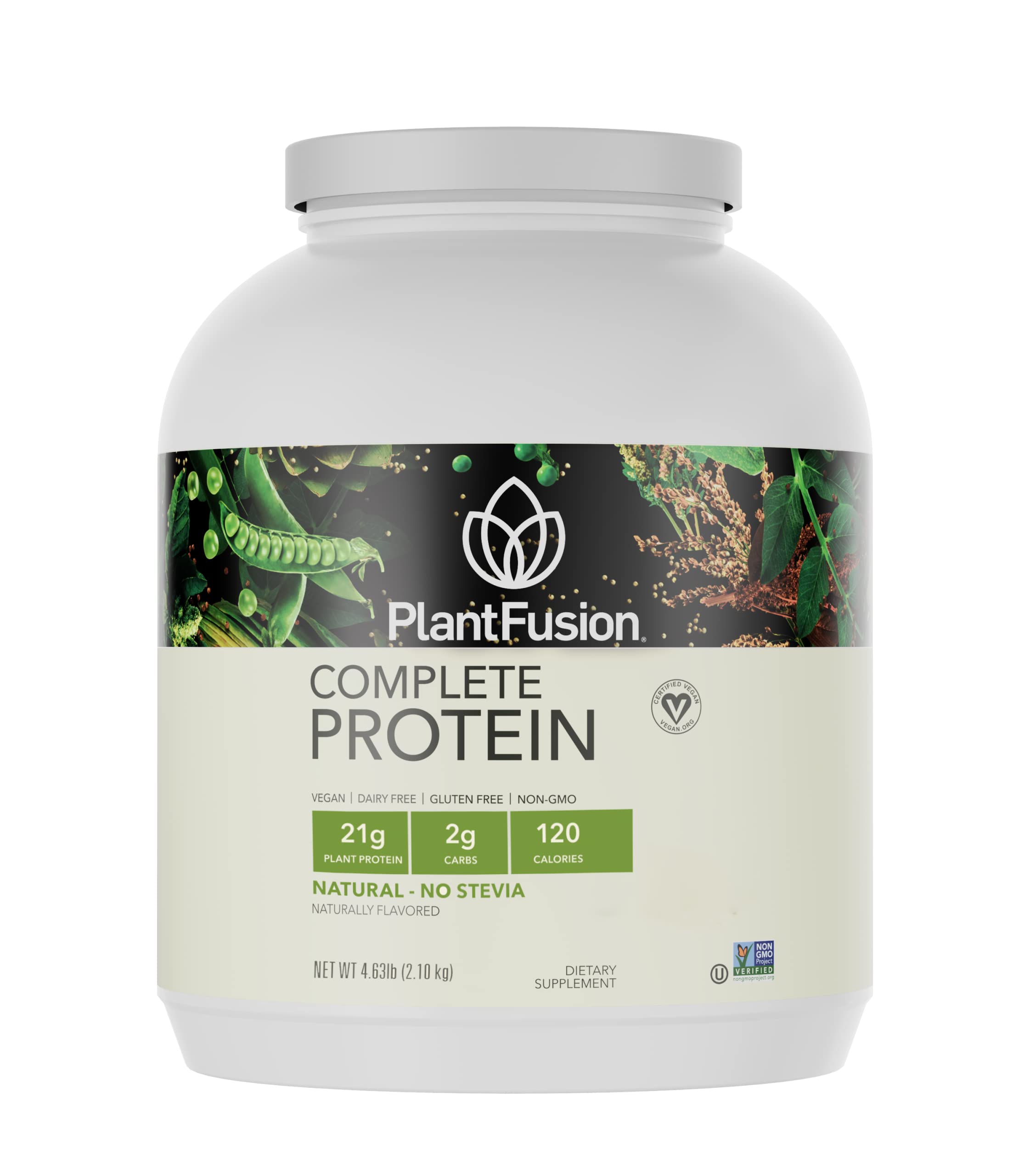 PlantFusion vegan protein powder jar with scoop for recovery and clean energy.