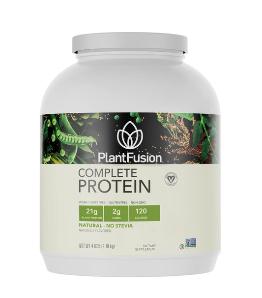 PlantFusion vegan protein powder jar with scoop for recovery and clean energy.