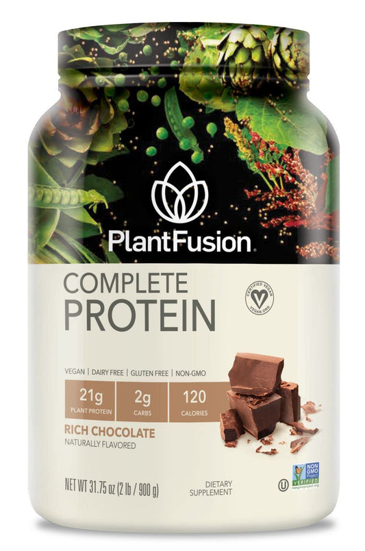 PlantFusion complete vegan chocolate protein packaging with scoop for easy shakes