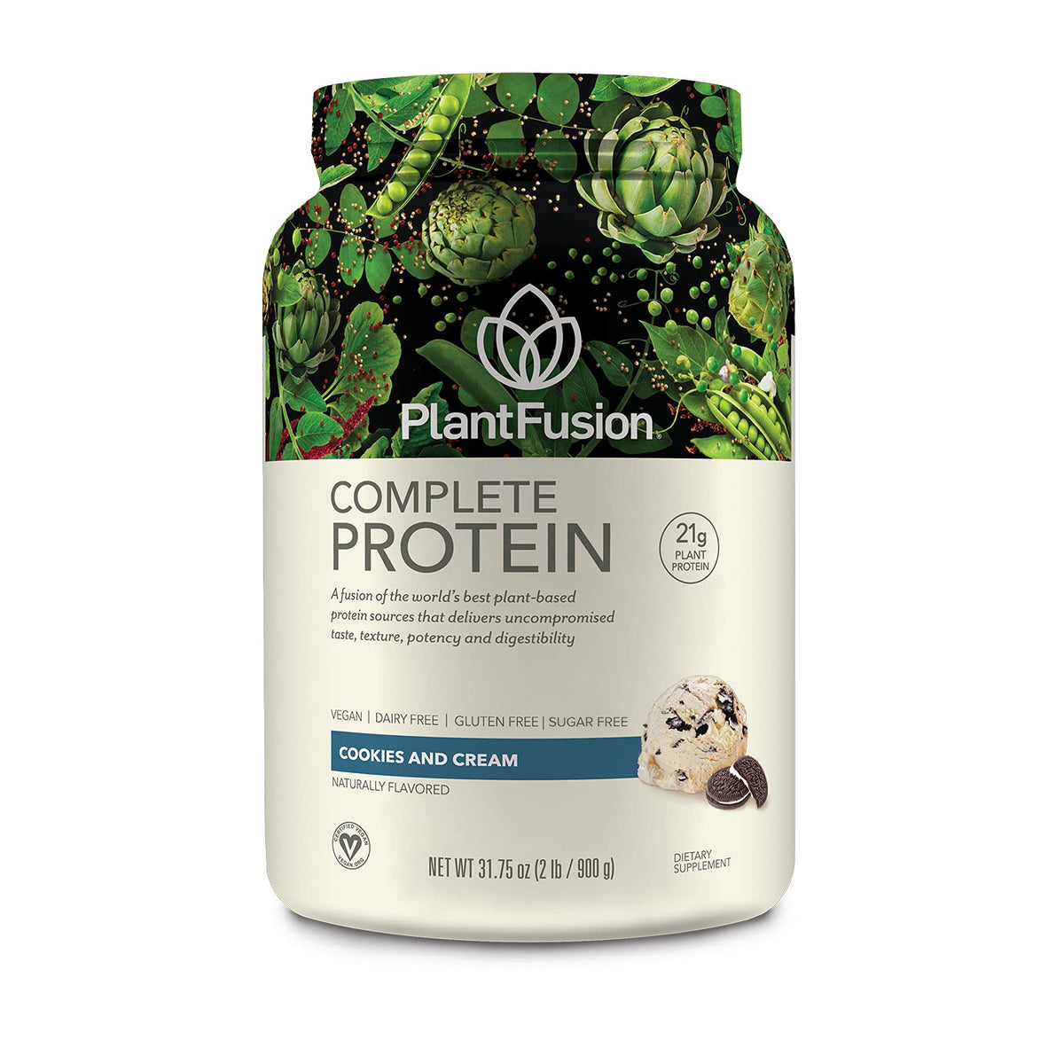 PlantFusion Complete Vegan Protein Cookies and Cream label front for quick identification