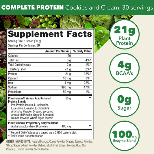 PlantFusion Complete Vegan Protein Cookies and Cream nutrition panel close-up