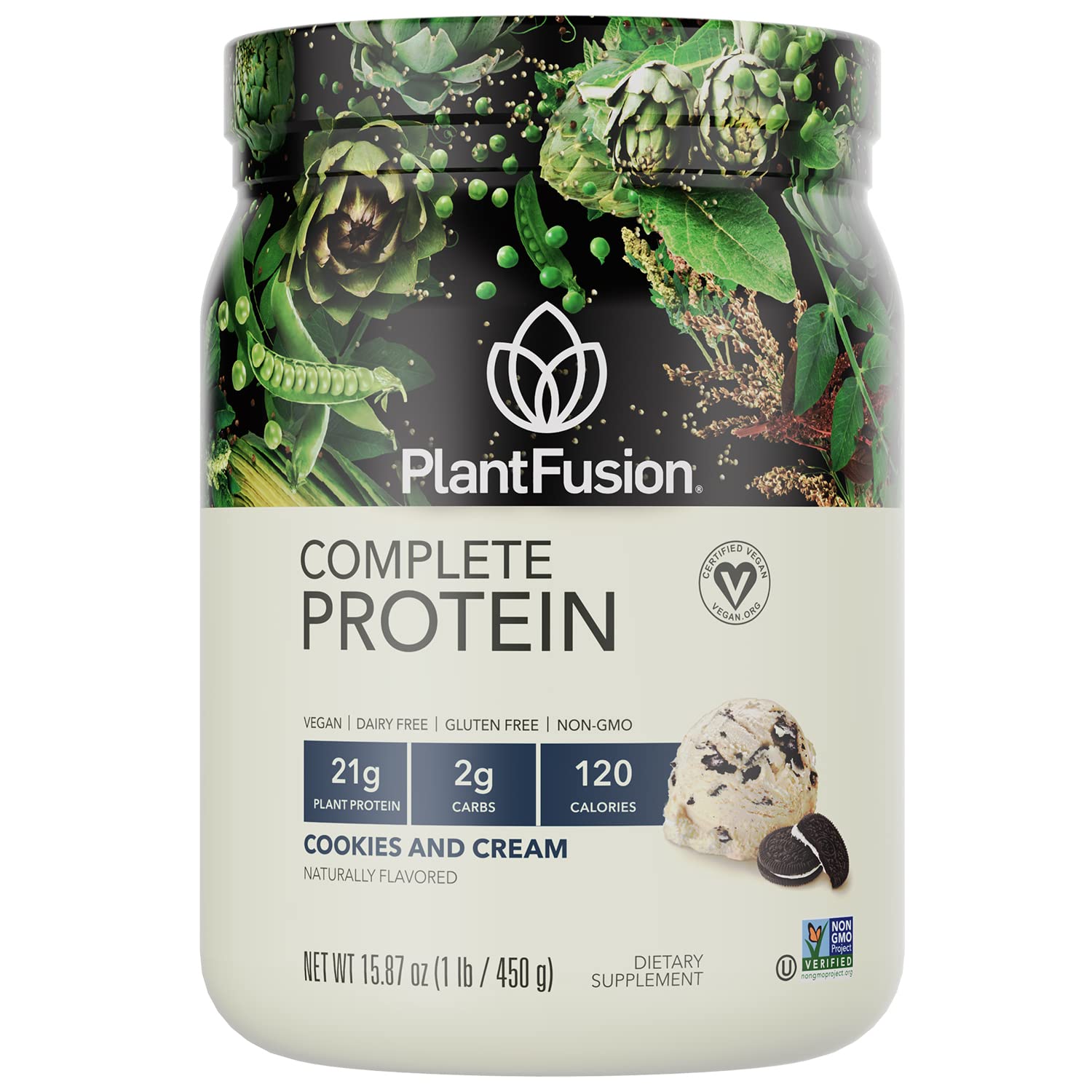 PlantFusion Complete Vegan Protein Powder Cookies and Cream bottle with scoop, ideal for post-workout fueling