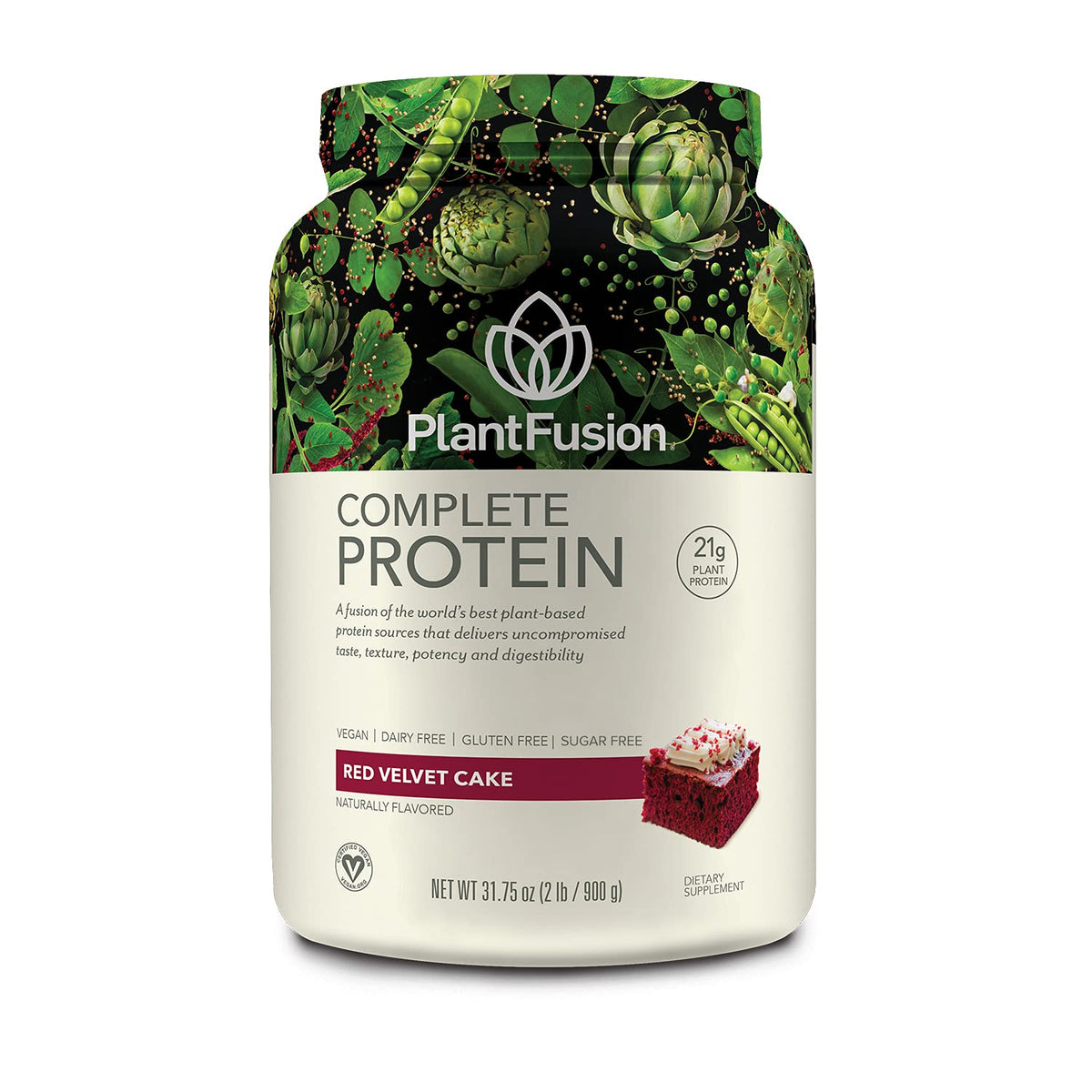 PlantFusion Red Velvet protein powder front view showing creamy texture and color