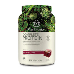 PlantFusion Red Velvet protein powder front view showing creamy texture and color
