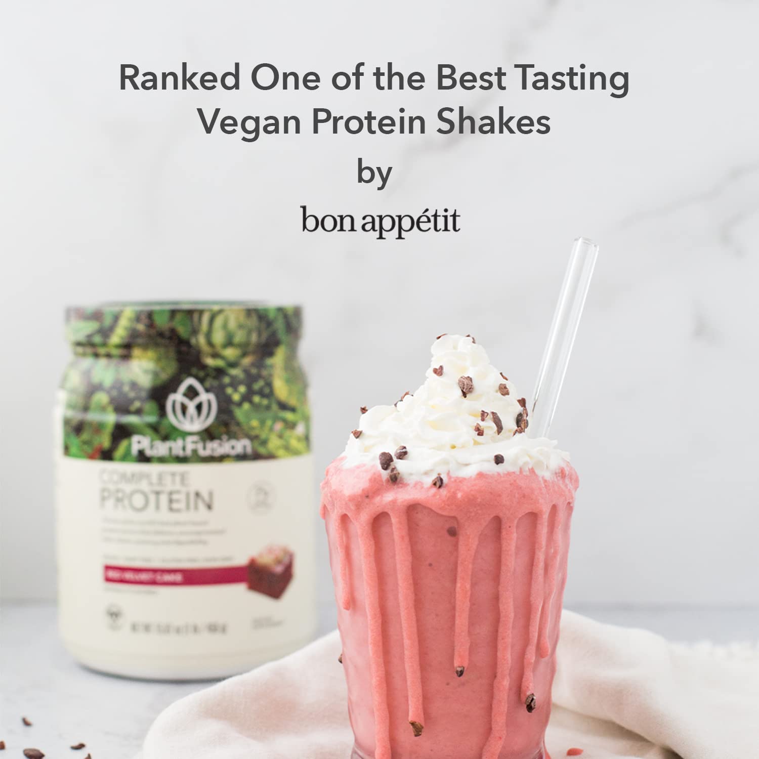 PlantFusion shake made with Red Velvet protein powder in a glass
