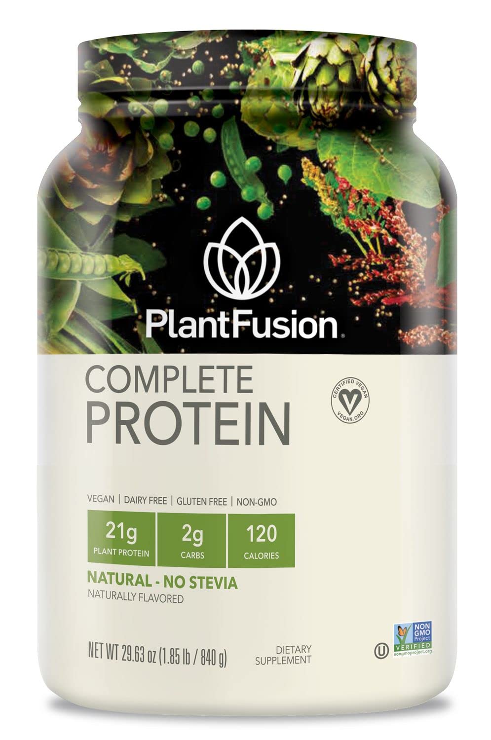 PlantFusion complete vegan protein tin, showcasing a five-plant blend for balanced nutrition