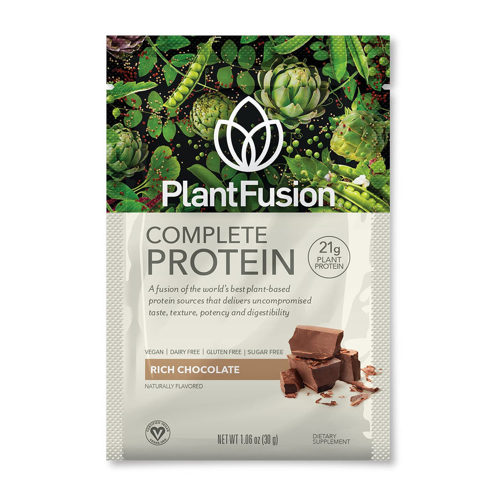 PlantFusion vegan protein tub front view highlighting chocolate flavor for active lifestyles.
