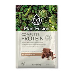 PlantFusion vegan protein tub front view highlighting chocolate flavor for active lifestyles.