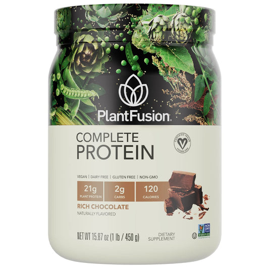PlantFusion Complete Vegan Protein tub front showing 21g protein per serving.