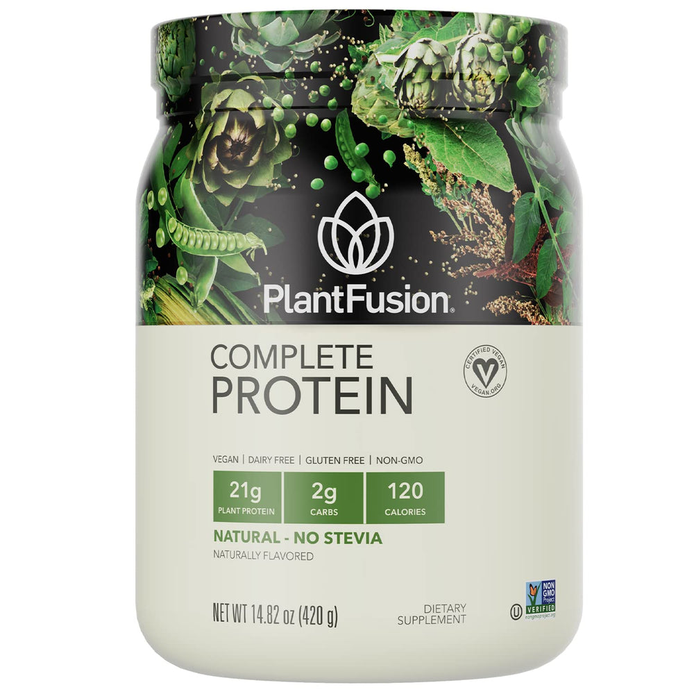 PlantFusion Complete Vegan Protein Powder tub showing 21g protein per serving for post workout recovery