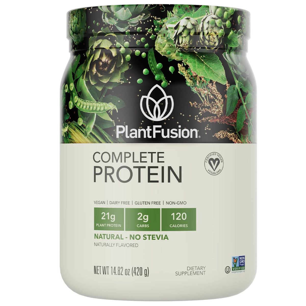 PlantFusion Complete Vegan Protein Powder tub showing 21g protein per serving for post workout recovery