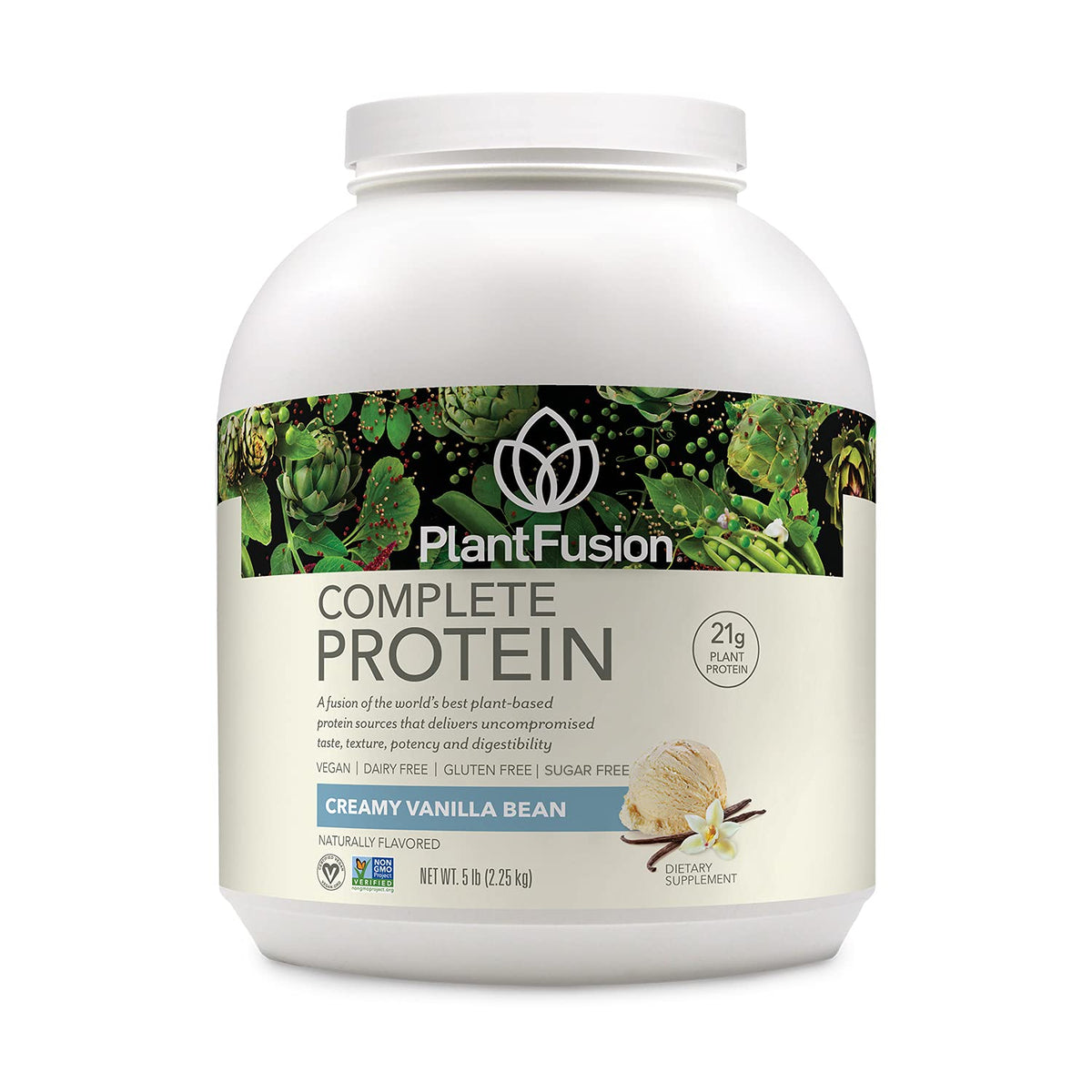 PlantFusion Complete Vegan Protein Powder Vanilla Bean being poured for a smooth shake.