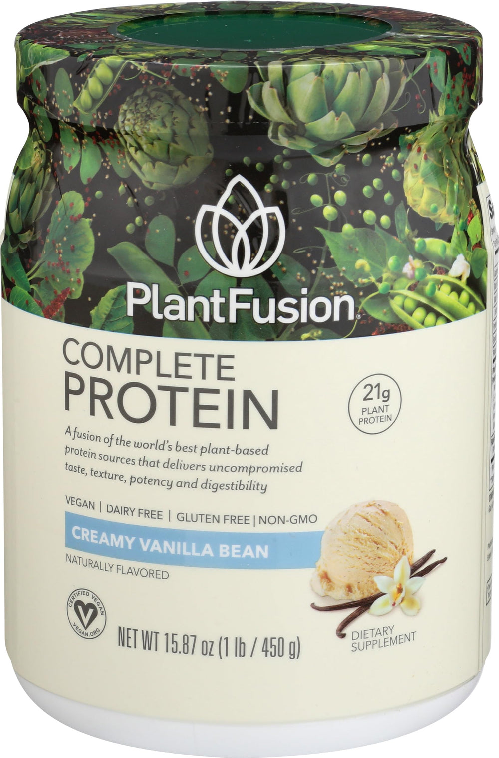 PlantFusion Complete Vegan Protein Vanilla Bean tub showing clean dairy-free formula