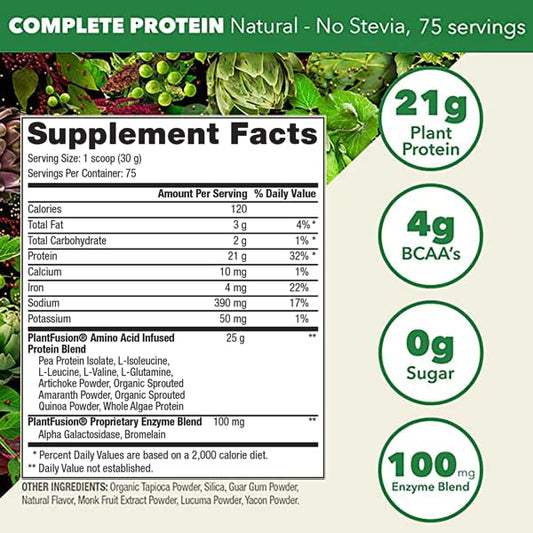 PlantFusion Flavor Pure blend with monk fruit, lucuma, yacon for natural taste.