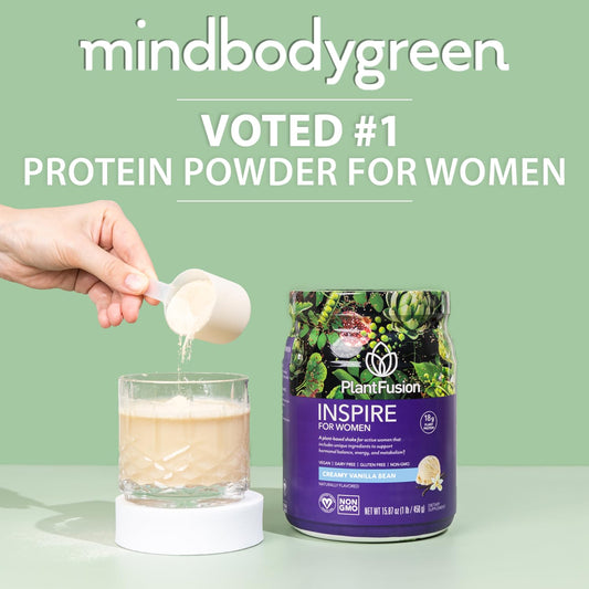 PlantFusion Inspire scoop beside bottle highlighting vanilla flavor for keto-friendly shakes