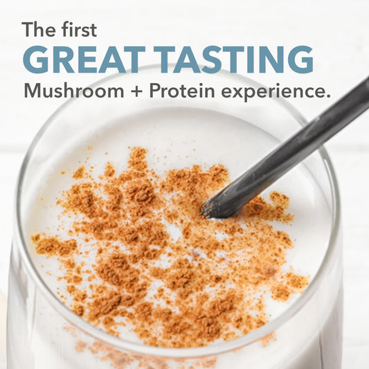 PlantFusion Mushroom Protein Powder Vanilla scoop in coffee for convenient daily energy.